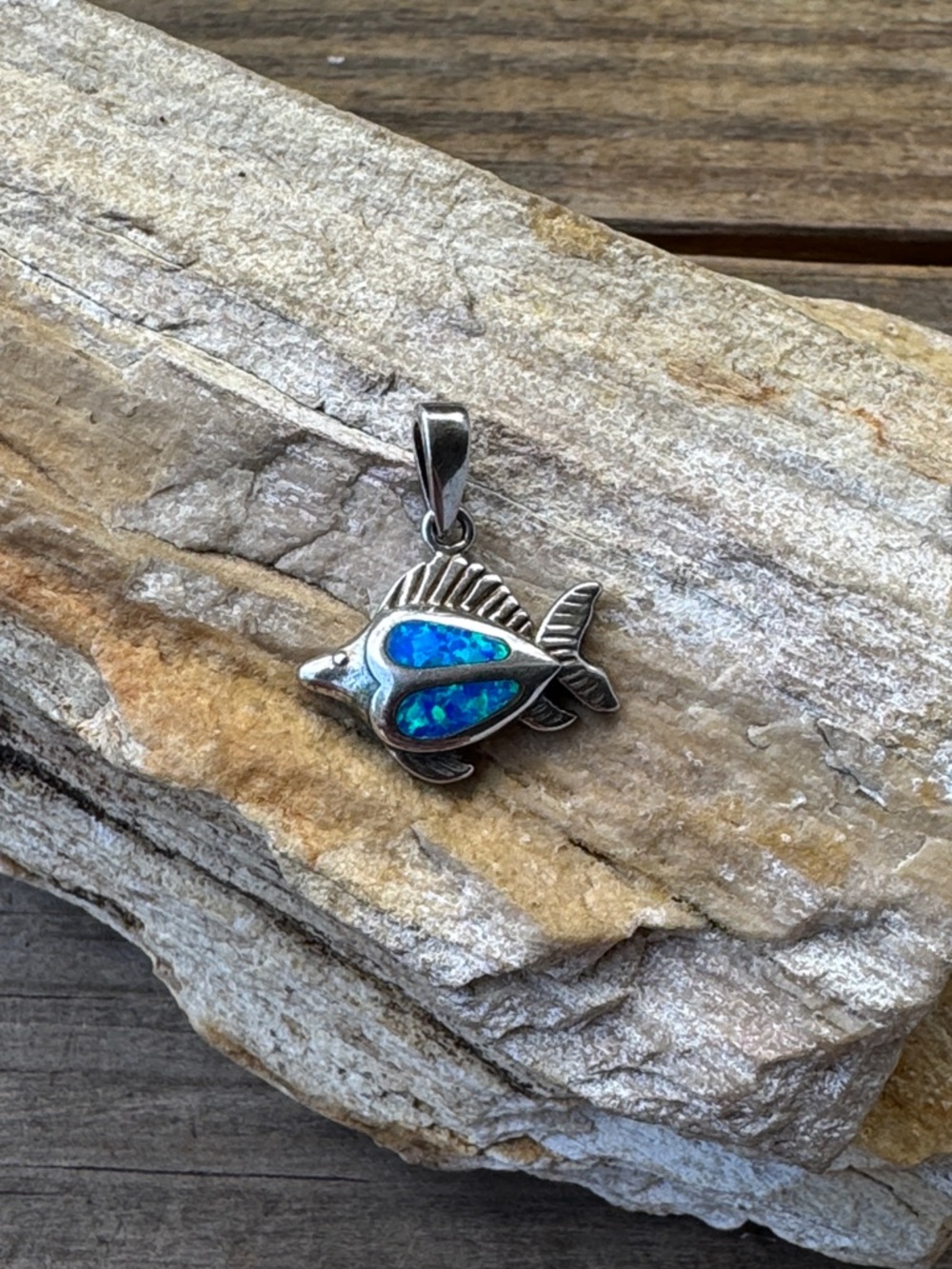 Sterling Silver Fish Pendant with Opal inlay